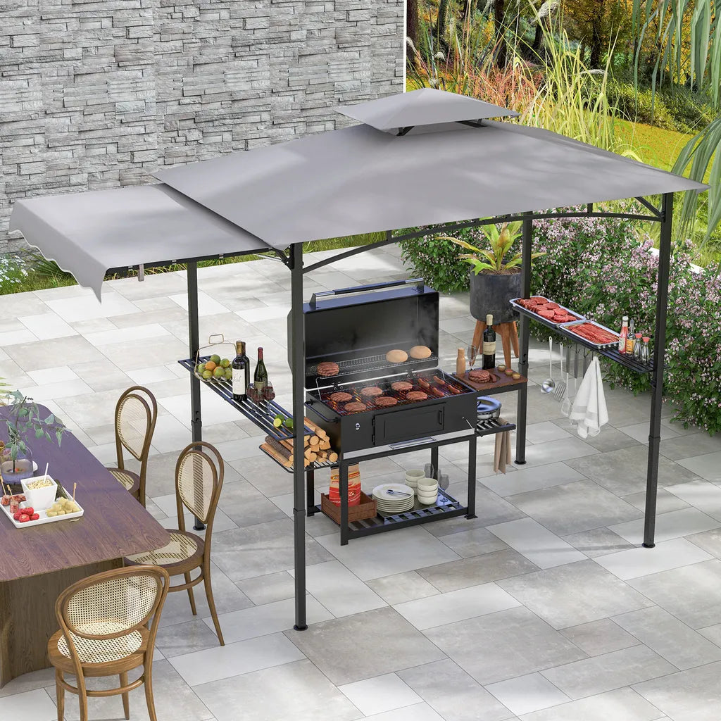 Pavillon de barbecue Coast résistant aux intempéries 318 × 153 × 250 cm – Abri pour barbecue avec auvent latéral, double toit, tables latérales, crochets et décapsuleur – Gris/Noir