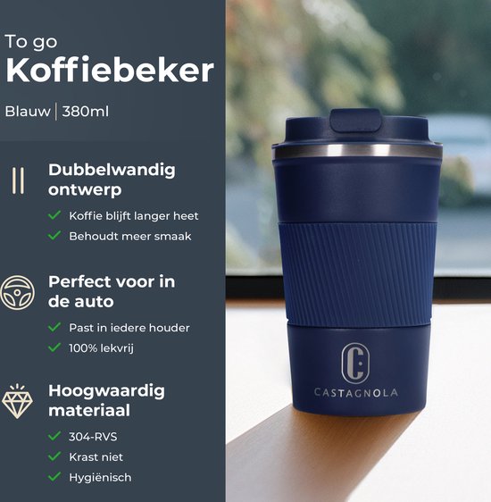 Tasse thermos Castagnola - Tasse à café à emporter - Tasse de voyage pour café et thé - Tasse à thé - 380 ML - acier inoxydable - Bleu