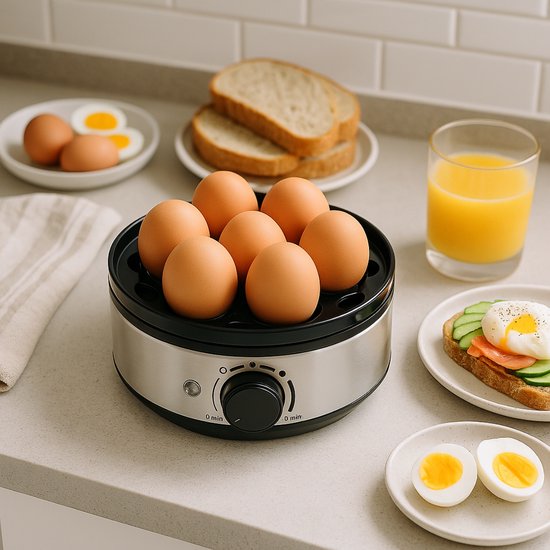Cuiseur à œufs électrique Alpina 400 W – Cuiseur à œufs avec minuterie pour 7 œufs – Cuiseur à œufs avec gobelet doseur et pic – En acier inoxydable avec support à œufs amovible – Couvercle transparent