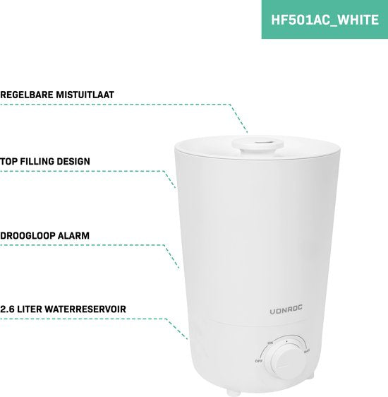 VONROC Humidificateur 2,6 litres - ultrasonique - sortie de brume 360° - blanc