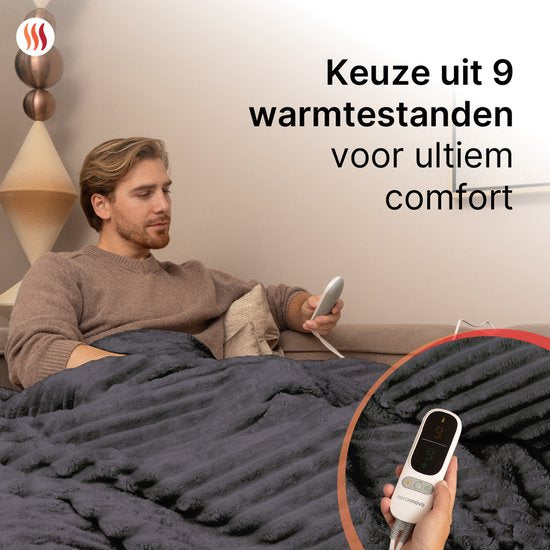 Seranova Couverture électrique XXL - Fils chauffants supplémentaires - Modèle rayé - 180x160 cm - Couverture chauffante pour 2 personnes - Polaire double face - Gris