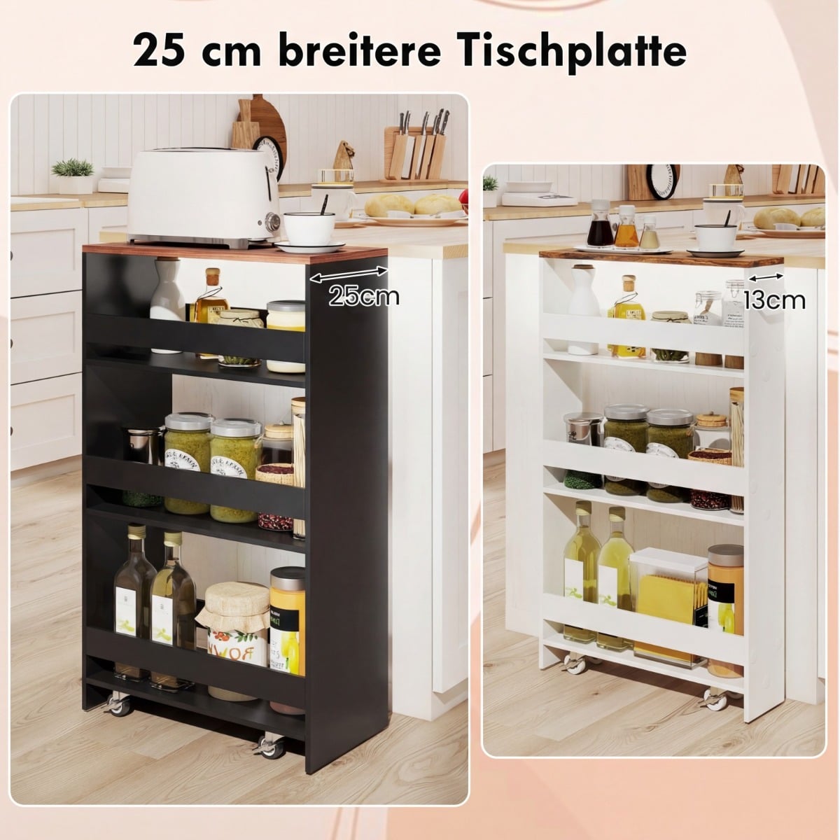Chariot de cuisine étroit Coast - Chariot de rangement à 4 étages sur roulettes 47,5 x 25 x 80,5 cm - Noir/Marron