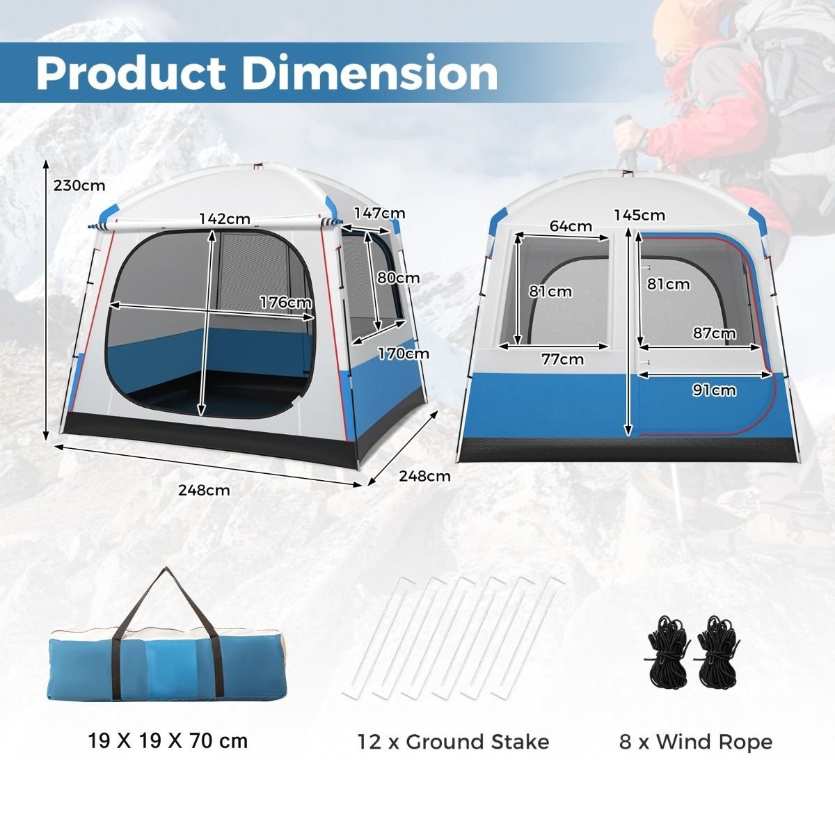 Tente de camping Coast pour 5 personnes - Grande porte en filet et tapis de sol - Imperméable - 248 x 248 x 230 cm - Bleu/Blanc