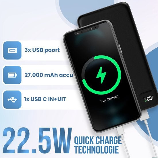 Batterie externe - Strex - 27 000 mAh - Chargeur rapide 22,5 W - USB-A/USB-C - Powerbank adapté à iOS/Android - Noir