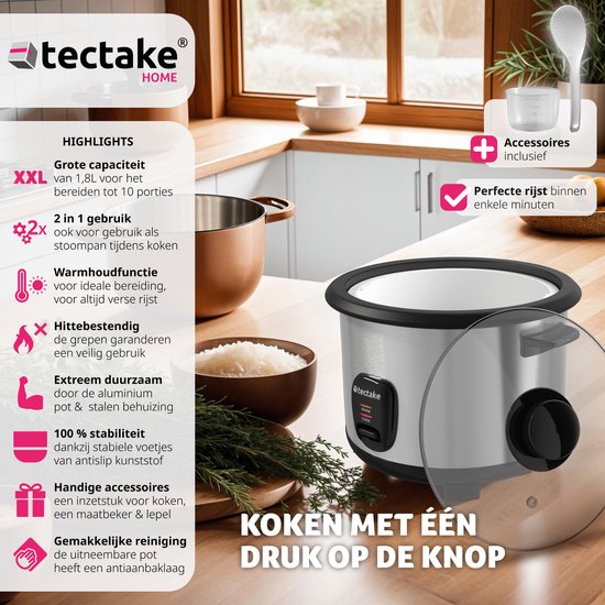 tectake® Rice Cooker - Cuiseur vapeur et rice maker avec insert vapeur - Marmite de cuisine grand volume 1,8L - Jusqu'à 10 portions de riz gluant, de riz complet ou de riz pour sushi
