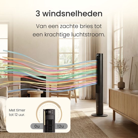 Ventilateur silencieux avec télécommande - Ventilateur colonne sans pales avec minuterie et 3 vitesses de ventilation - Économe en énergie (60 W) - Chambre à coucher - Noir mat - JAP Appliances Toronto L