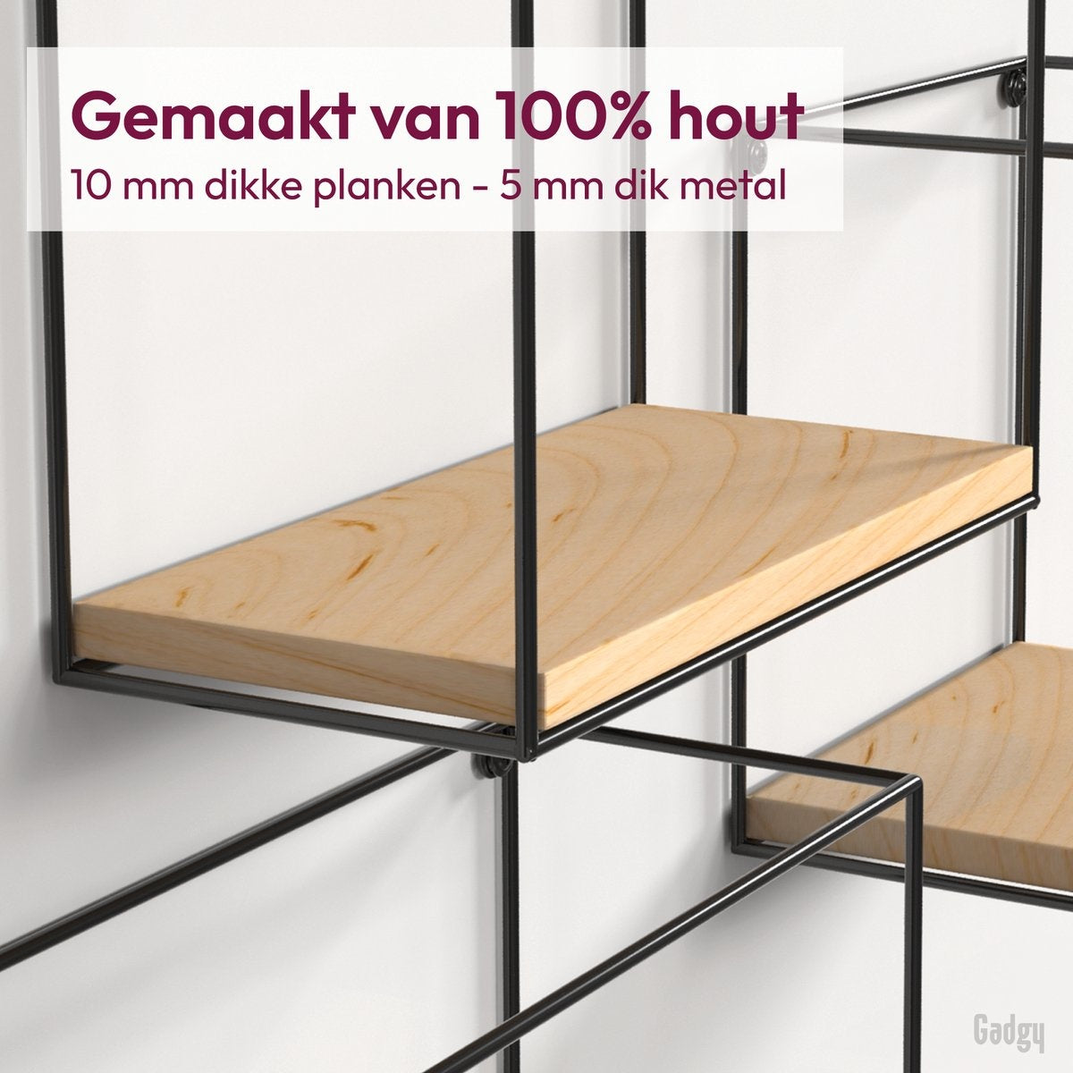Gadgy Wandrekken Industrieel - Set van 3 - Vierkant Wandrek Zwart - Wanddecoratie Woonkamer - Muurdecoratie Hout - Wandplank zwevend voor Slaapkamer - 32, 27 en 22 cm