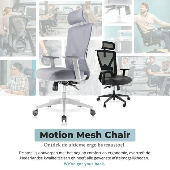 Backerz - Chaise de bureau ergonomique - hauteur d'assise 44-56 cm et certifiée EN1335 - équipée d'accoudoirs 3D et d'un support lombaire réglable - pour le bureau et les jeux - polypropylène et maille blanche/grise