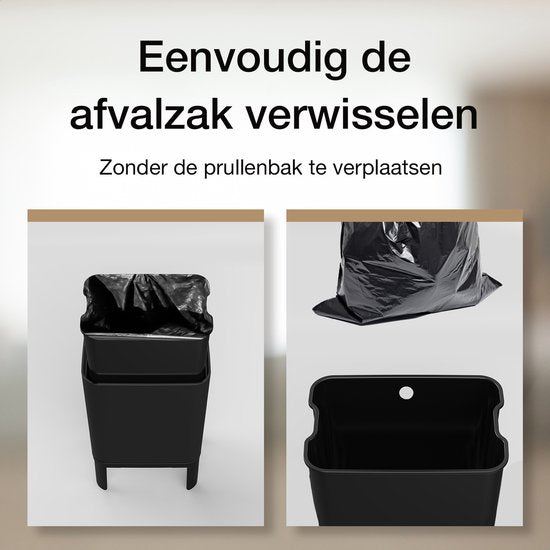 Loftey Trashcan 60 Liter - Push/touch Waste Bin - Duo Waste Bin with inner bin - Trash can 2 compartments - Waste Separation 2x30L - Kitchen - Black/RVS