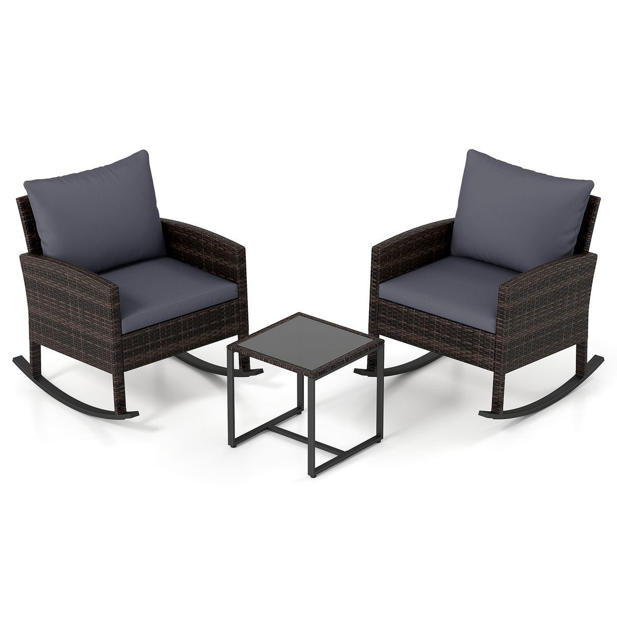 Ensemble de jardin Coast 3 pièces - 2 fauteuils à bascule et une table d'appoint - rotin tressé à la main - gris