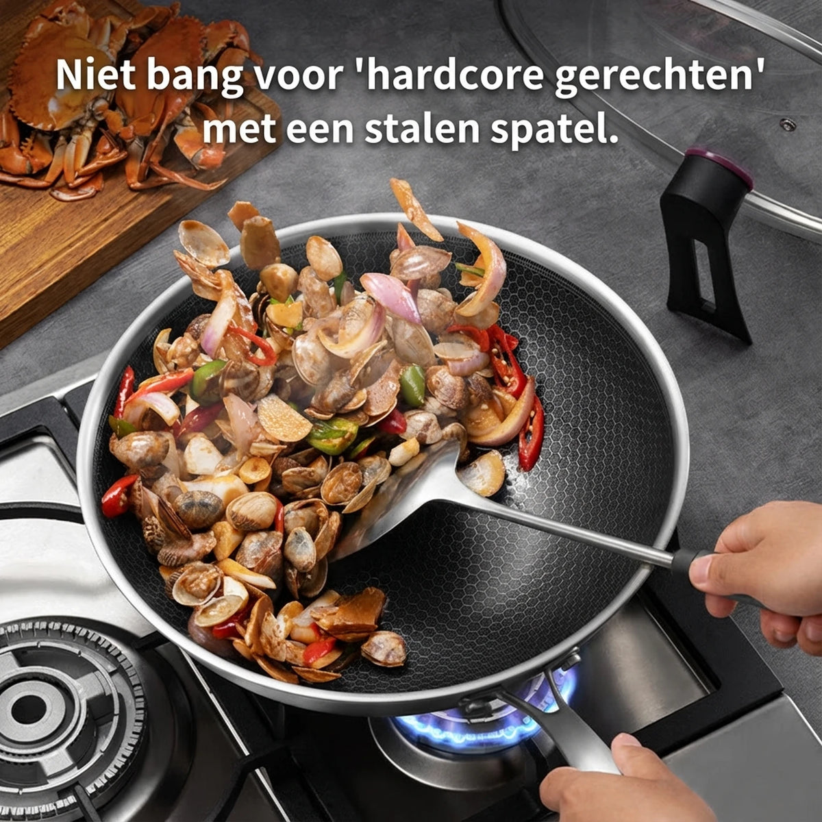 Wok Ochama 30 cm avec couvercle - Acier inoxydable, revêtement antiadhésif en nid d'abeille sans téflon - Compatible avec les plaques à induction, à gaz et électriques