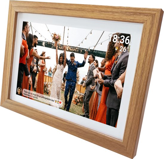 Denver Cadre Photo Numérique 15,6 Pouces - XL - Bois - Full HD - Application Frameo - Cadre Photo - WiFi - 8GB - Écran Tactile IPS - PFF1542LW
