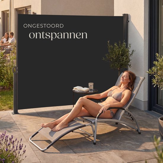 tectake® Pare-vent télescopique avec mécanisme d'enroulement - 300 x 160 cm - Auvent latéral avec armature en aluminium - Pare-soleil - Pare-vue de jardin - Pare-vue noir pour balcon - Pare-vue opaque - Toile de store