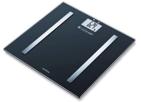 Pèse-personne Sanitas SBF 72 Bluetooth® - Analyse corporelle - Application HealthCoach gratuite - Mémoire pour 8 utilisateurs avec fonction de reconnaissance - Jusqu'à 180 kg - Arrêt automatique - Pile incluse - Garantie de 3 ans