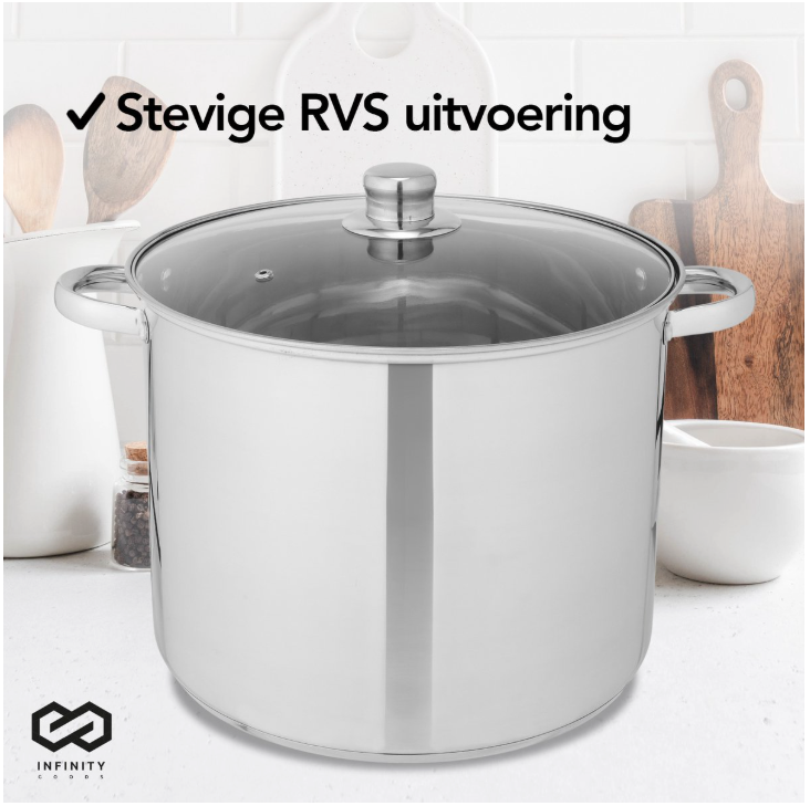 Infinity Goods Faitout - Couvercle en verre - 16.5L - 30 CM - Induction Gaz Céramique - Lavable au lave-vaisselle - acier inoxydable