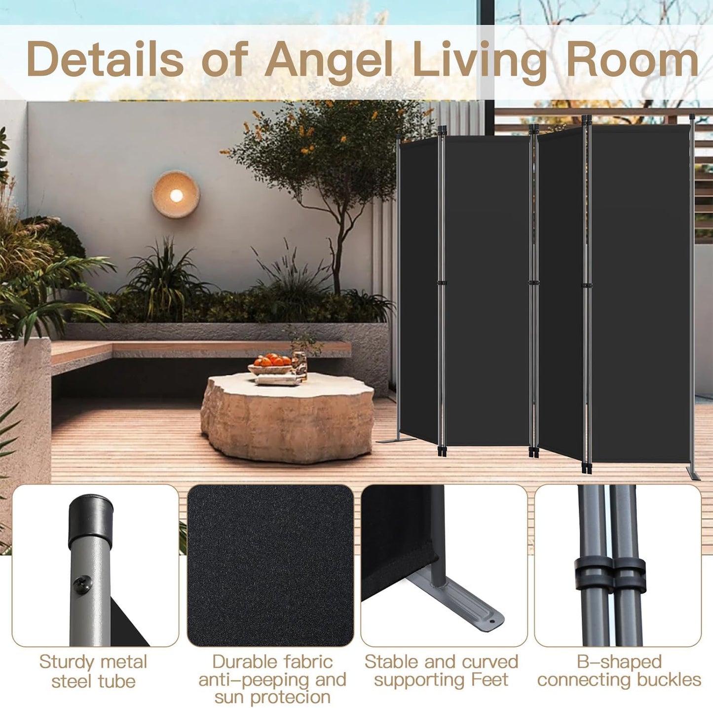 Angel Living Paravent de chambre - 4 pièces - 224x165 cm - Pliable - Acier et polyester - Séparation de pièces et intimité - Noir