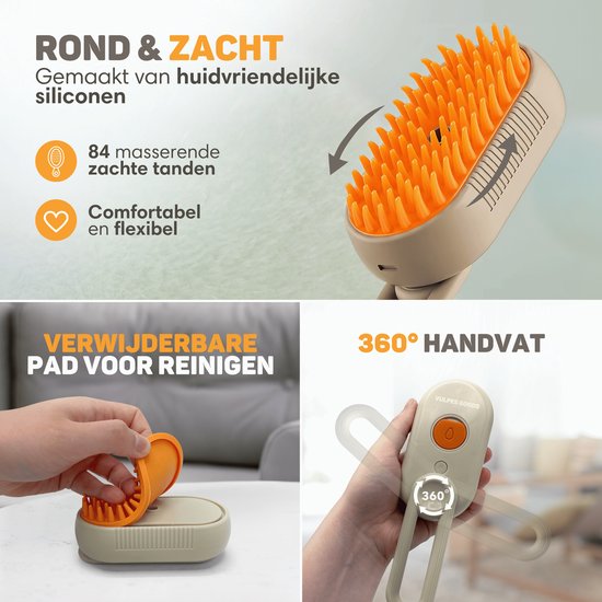 Vulpes Goods® Pets - Brosse à chat PRO - Brosse à vapeur douce et autonettoyante pour chats et chiens - Peigne à chat - Élimination des poils - Vaporisateur pour chats à poils courts et à poils longs - 2 peignes supplémentaires inclus