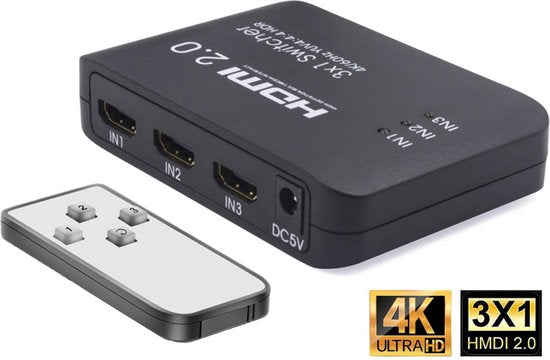 Techvavo® Commutateur HDMI - 3 entrées 1 sortie - Supporte 4K@60Hz 3D HD 1080p - Avec télécommande