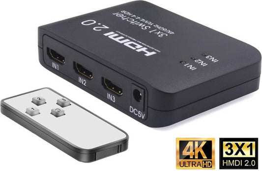 Techvavo® Commutateur HDMI - 3 entrées 1 sortie - Supporte 4K@60Hz 3D HD 1080p - Avec télécommande