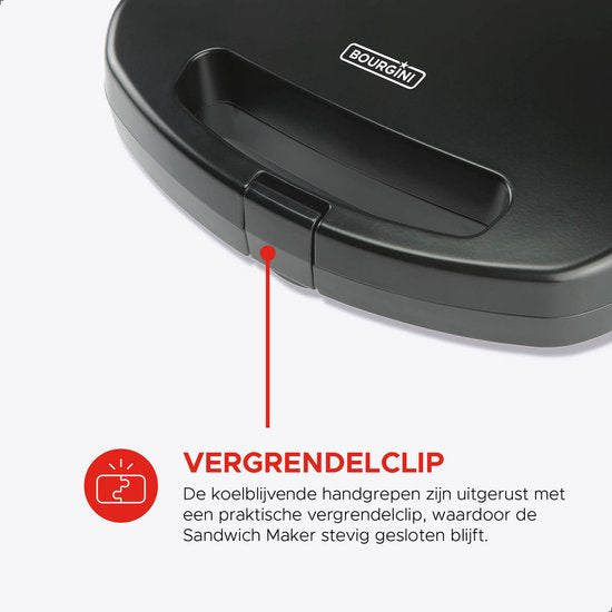 Appareil à sandwichs Bourgini XXL Noir - 800 W - Appareil à croque-monsieur - Gril de table