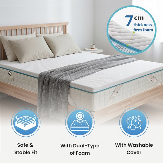 Surmatelas Ella Firm 140 x 200 cm - Surmatelas de 7 cm - Surmatelas en mousse à mémoire de forme imprégnée de gel et mousse Aircell - Dureté : ferme