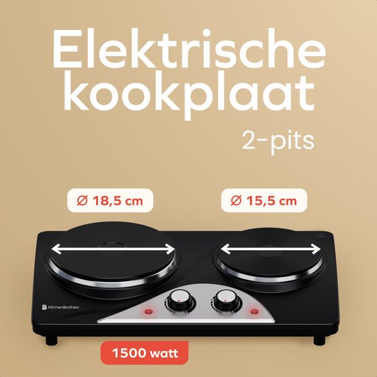 KitchenBrothers Table de cuisson électrique - 2 brûleurs - pose libre - 7 réglages de température - 1500W + 1000W - Noir