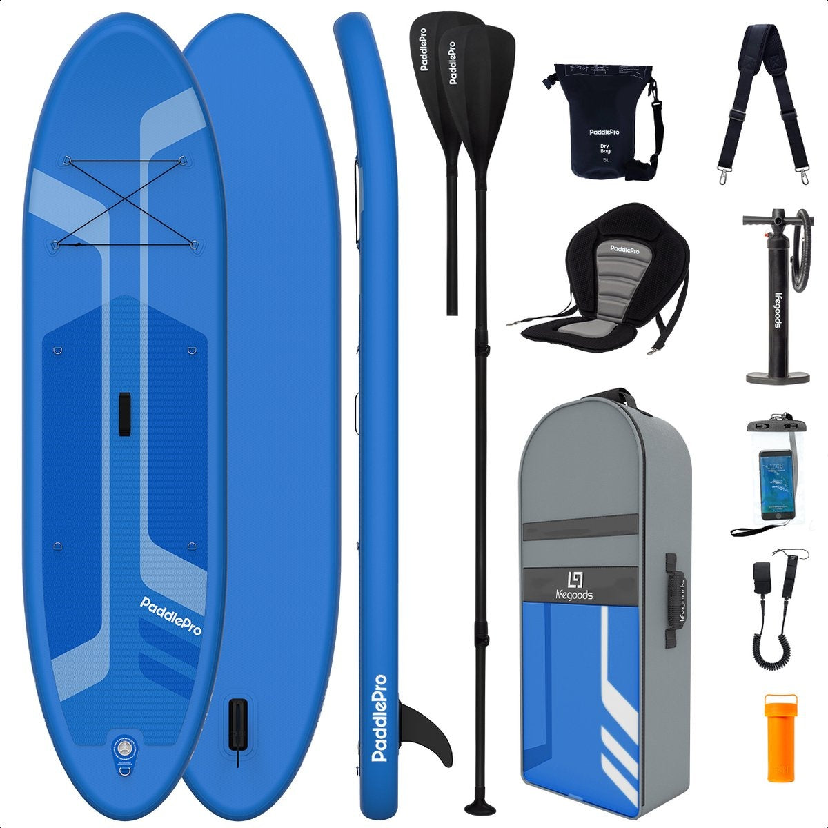 Paddle LifeGoods - Deluxe Set - Avec siège - Planche à pagaie gonflable - Max. 135KG - 320x81cm - Bleu
