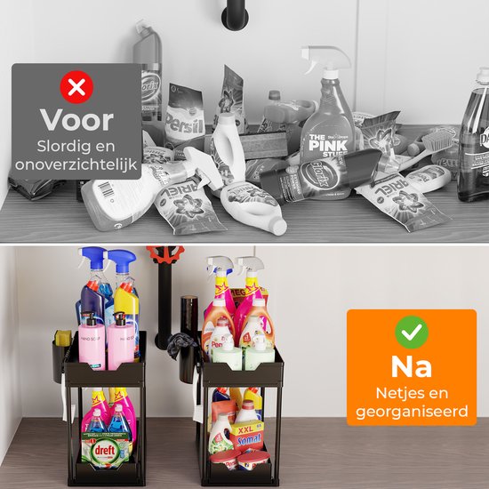 Posity Rangement pour évier - Rangement pour armoire de cuisine - Tiroir coulissant - Rangement pour armoire - Rangement pour salle de bain - Rangement pour comptoir - 2 tiroirs coulissants - Noir