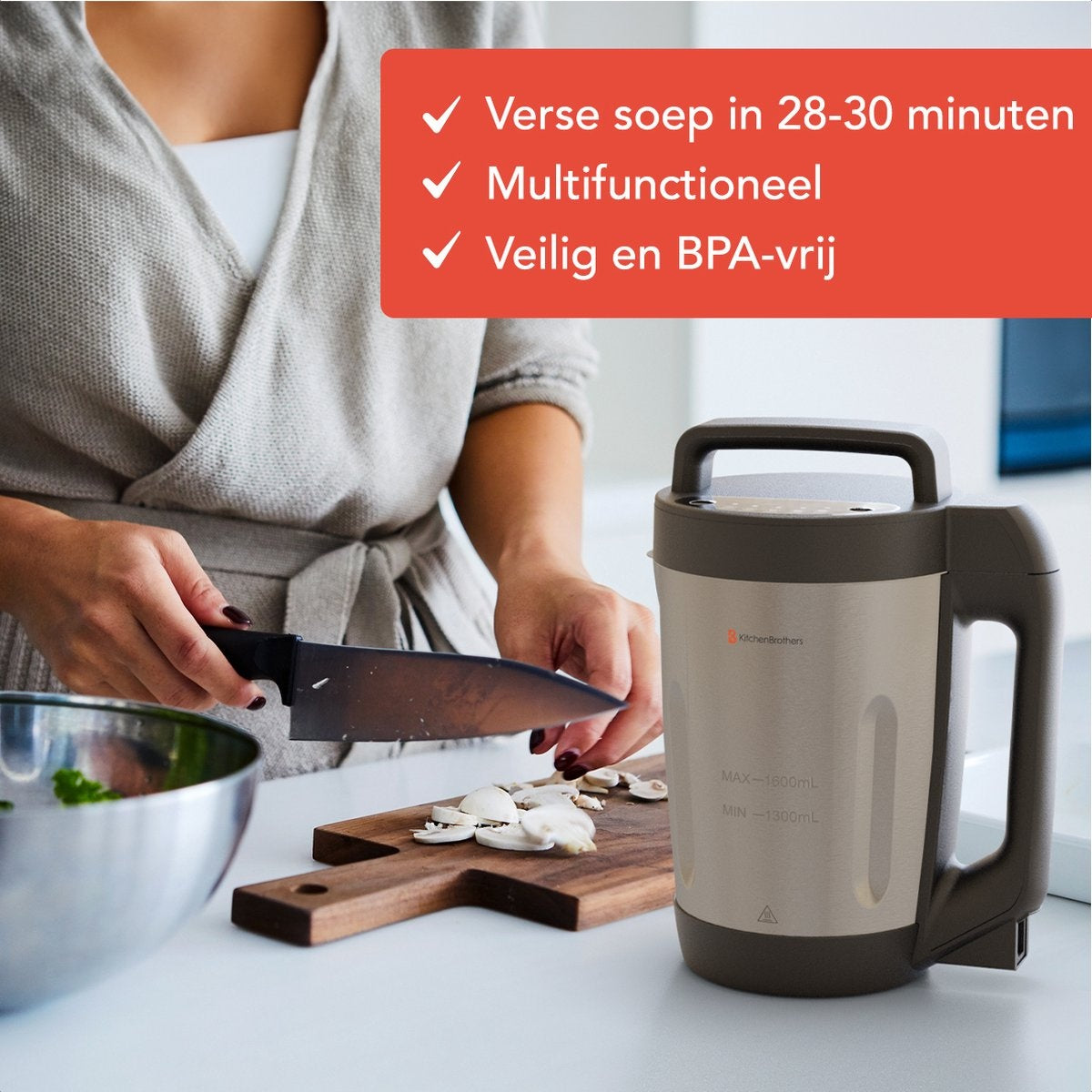 KitchenBrothers Machine à soupe - Blender - jusqu'à 800W - 1.6L - inox/noir