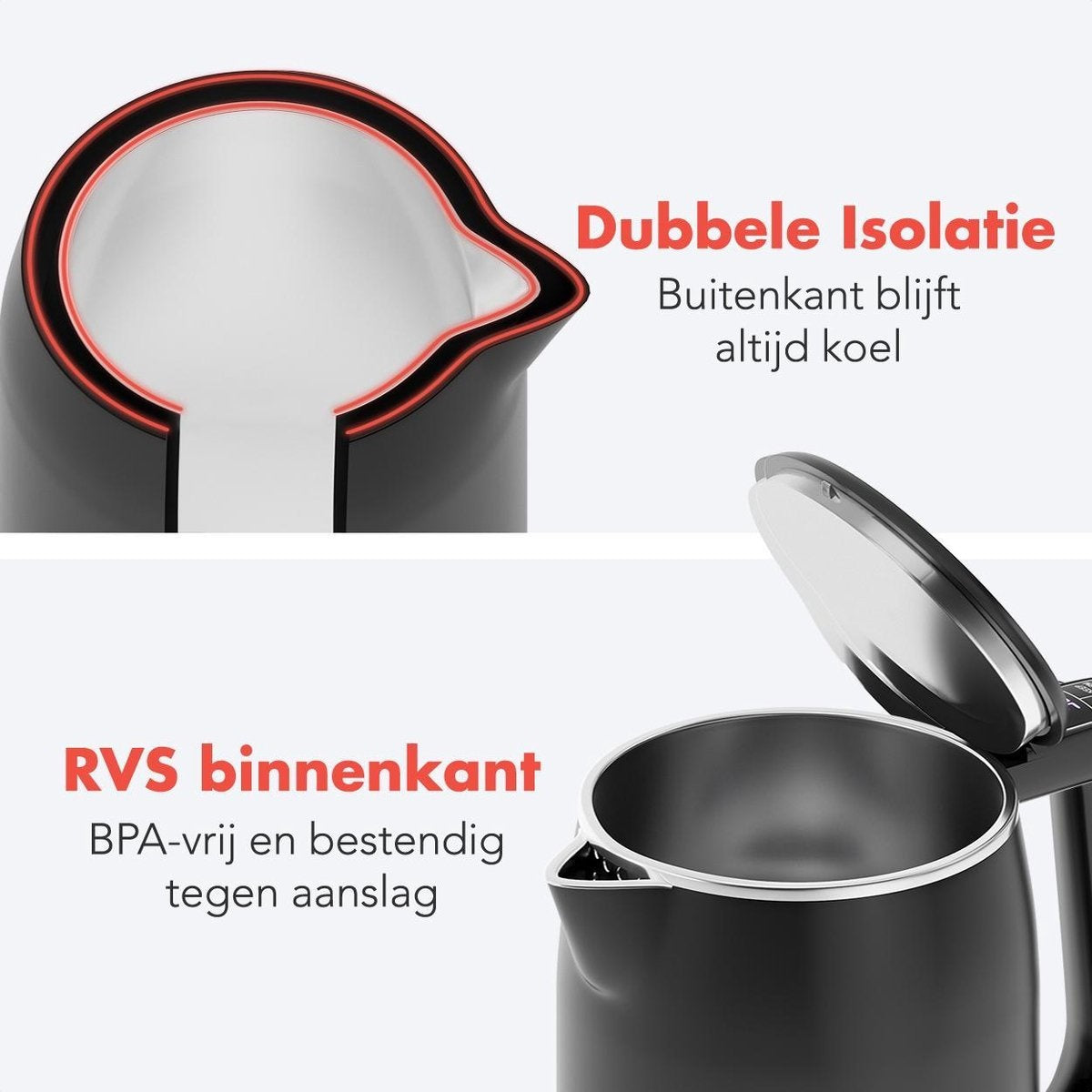 Bouilloire électrique 1.7L - KitchenBrothers - Avec contrôle de la température - 1800W - acier inoxydable - Noir