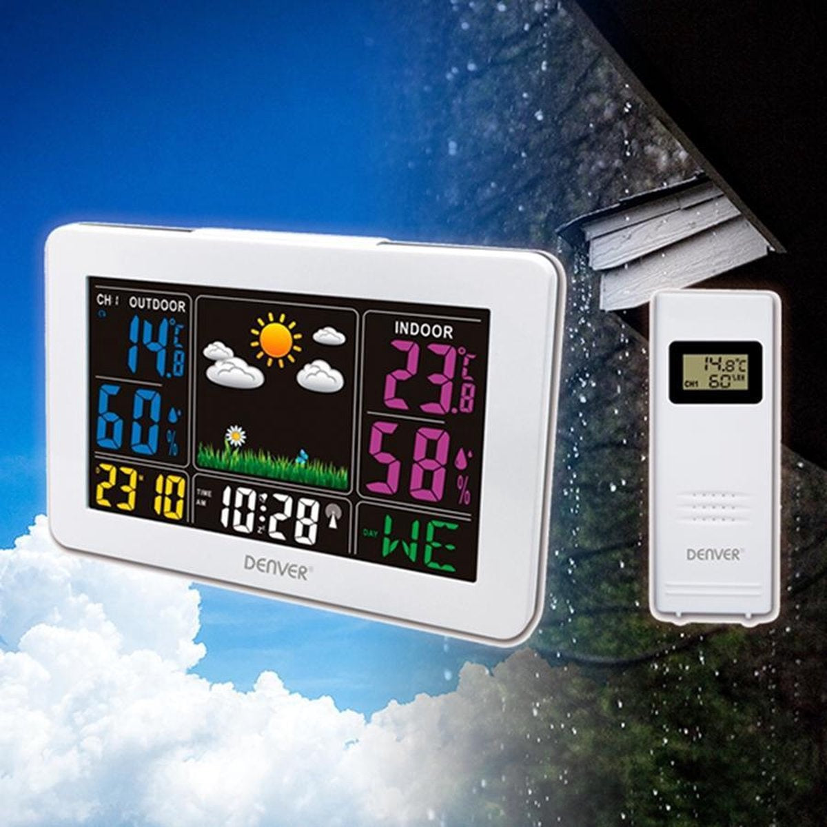 Denver Weerstation binnen en buiten - Draadloos weerstation met Buitensensor - Radiogestuurde Tijd - WS540 - Wit