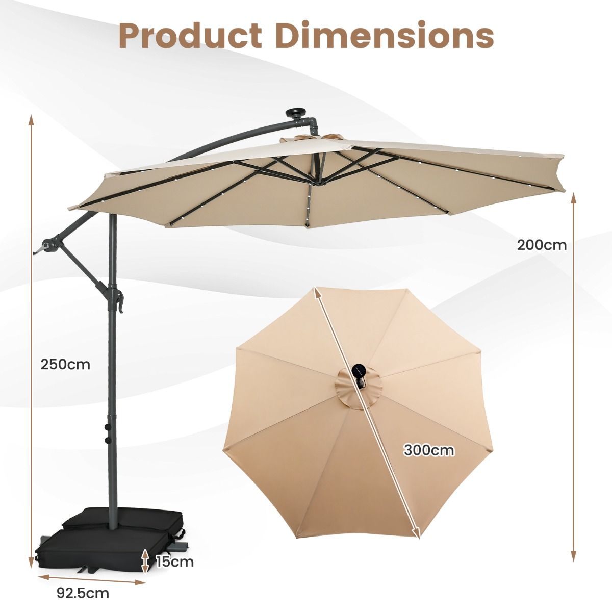 Coast Parasol flottant avec sacs de sable et éclairage LED - Ø300cm - Beige