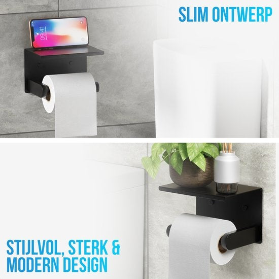 Strex Porte-rouleau de papier toilette avec étagère - Noir - Autocollant / Perçage / Sans perçage - Porte-rouleau de papier toilette - Porte-papier toilette