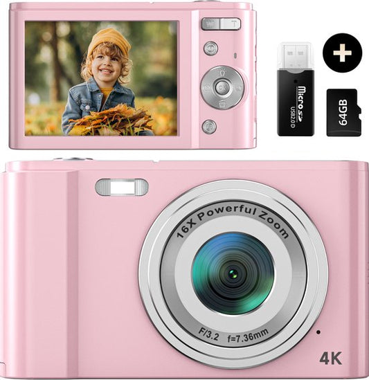 K&L Digital Camera 4K - 64MP - Caméra - Caméra compacte - Caméra Vlog - Pour les enfants - Comprend 64GB - NL Software