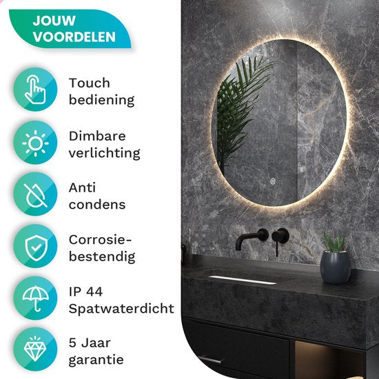 Mirlux Miroir de salle de bain - Rond 60 cm - Eclairage et chauffage LED - Miroir de douche anti-buée - Sans cadre