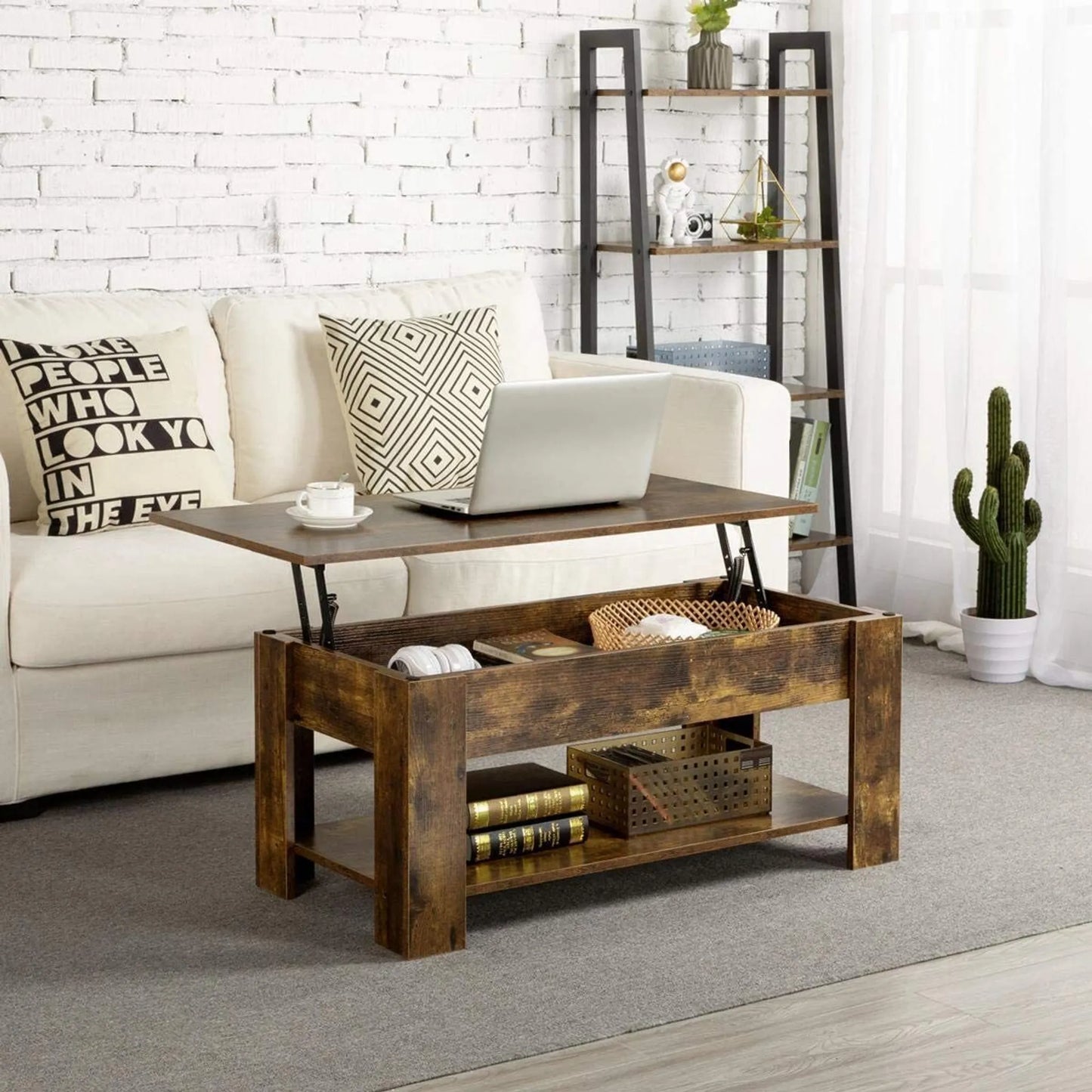 Yaheetech Table basse à plateau relevable - avec rangement caché, mécanisme en métal et étagère inférieure - pour salon et bureau - Mdf vintage brun-noir et métal - 98 x 50 x 41,8-55 cm