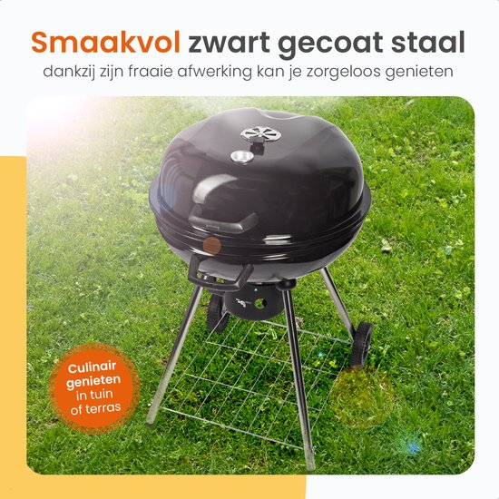 Barbecue au charbon de bois Goliving - Ø54 cm - Accessoires inclus - Barbecue au charbon de bois sur roues - BBQ XXL avec couvercle - Rond - 65 x 89 cm - Noir - Métal