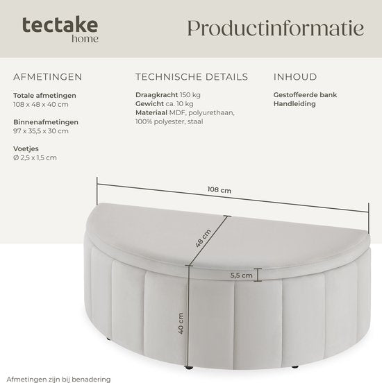 tectake® Canapé rembourré Moon - Pouf avec espace de rangement - Grand compartiment de rangement - Forme en demi-lune - Petit canapé - 108 x 48 x 38,5 cm - Capacité de charge : 150 kg - Velours taupe