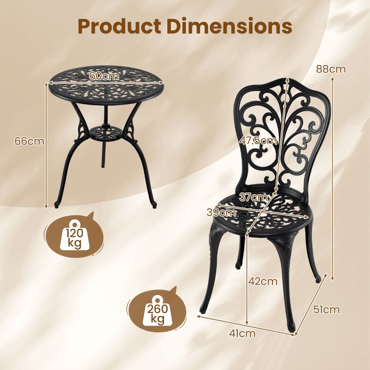 Ensemble de bistrot Coast 3 pièces - aluminium moulé - trou pour parasol - dossiers en forme de papillon - noir