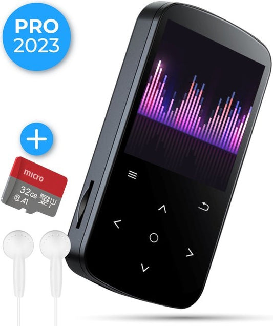 Nuvance - Lecteur MP3 avec écran tactile et Bluetooth - Ecouteurs et carte SD 32GB inclus - avec clip - Enregistreur vocal numérique - avec radio FM - Noir