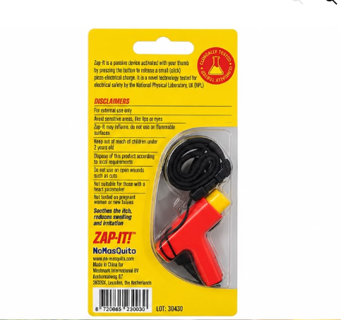NoMasQuito Zap-It ! Appareil anti-piqûres de moustiques - Piézoélectrique - Sans piles - Rouge/Jaune - 17 x 8 x 2,3 cm