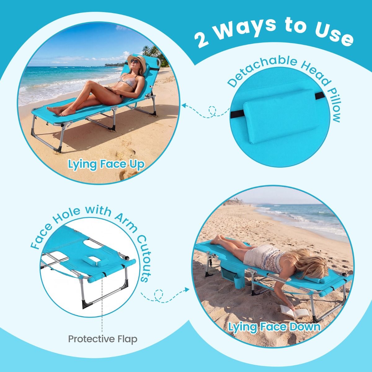 Chaise longue de jardin pliable - Turquoise - 4 positions d'inclinaison - Repose-pieds réglable - 150 kg - Avec porte-gobelet