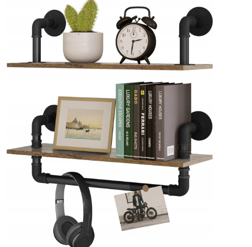 EUGAD Barre de traction murale 60 x 20 cm - Lot de 2 - 3 niveaux - MDF - Noir/chêne rustique