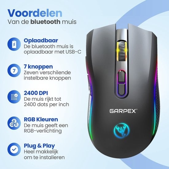 Garpex® Silent Wireless Mouse - Gaming Mouse - Computer Mouse - Mouse Wireless - With LED Lighting - Rechargeable - Black
