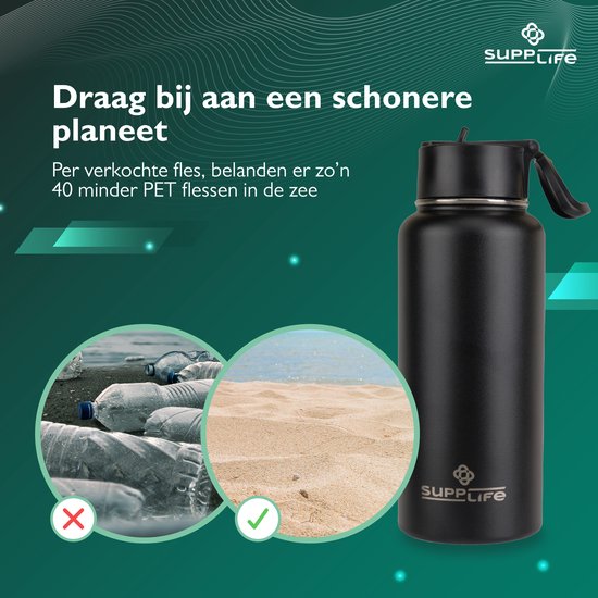 Supplife Luxe : bouteille isotherme / gourde en acier inoxydable - 1 litre - Sans BPA et étanche - Bouteille d'eau avec paille - Isolation à double paroi - Tasse isotherme - Bouchon verseur et bouchon avec paille - Brosse de nettoyage incluse - Noir