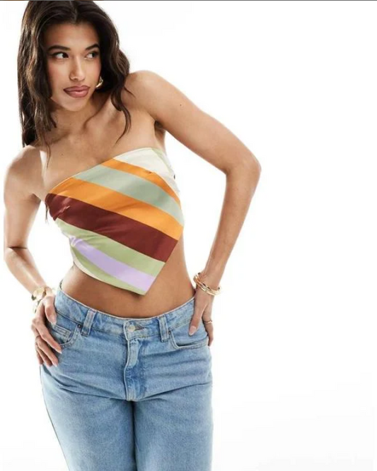ASOS DESIGN - Top bandeau en satin extensible à nouer dans le dos en multicolore - EU 36