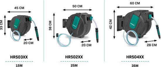 Enrouleur de tuyau automatique - VONROC – Incl. Tuyau d'arrosage de 15 m, tuyau de raccordement, buse, raccords et raccord de robinet - noir vert