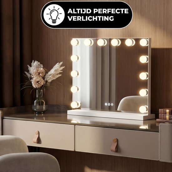 Bayt Hollywood Mirror with Lighting - Miroir de maquillage avec éclairage - Miroir avec éclairage - Dimmable - Grossissement 10x - 50x40cm - Blanc