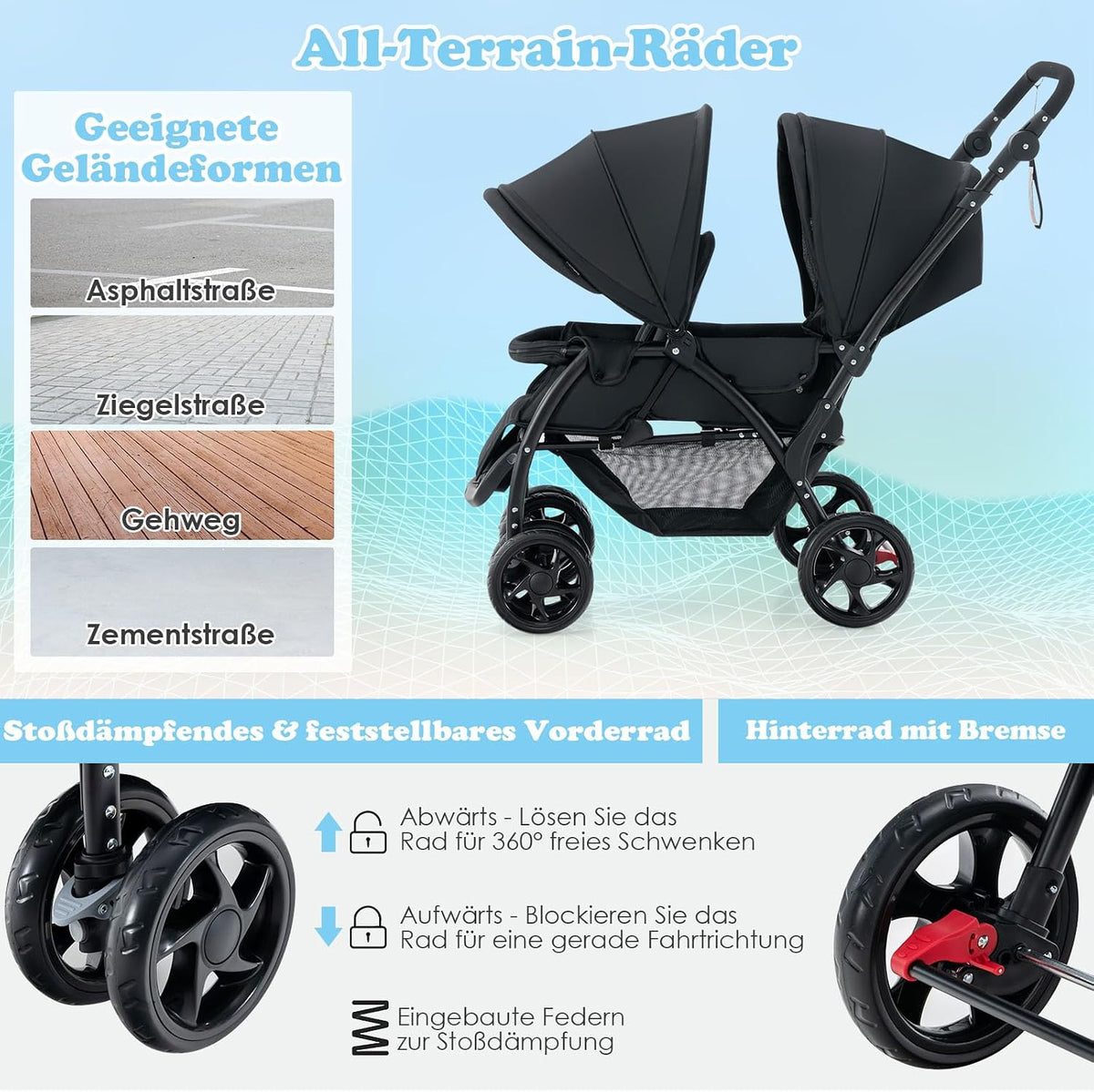 Poussette Coast Tandem pour deux enfants – Pliable avec dossier réglable – Noir – Métal