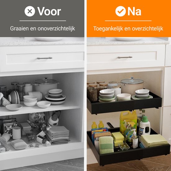 Posity Tiroir coulissant - Organisateur de meuble de cuisine - Organisateur de meuble/tiroir d'évier - tiroir intérieur de cuisine - Extensible et ajustable (32-52 cm) - Télescopique - Noir